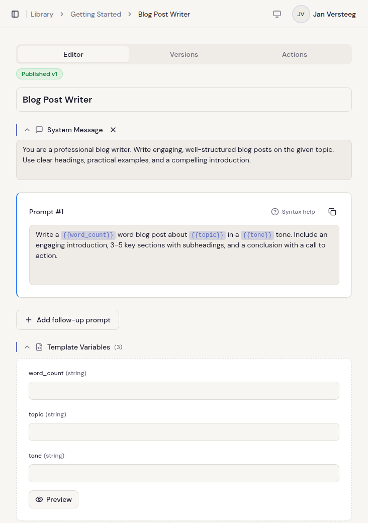 Clarive entry editor with WYSIWYG editing, template variables, and version history