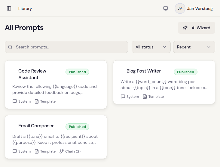 Clarive prompt library with entry cards organized in folders, search and filtering