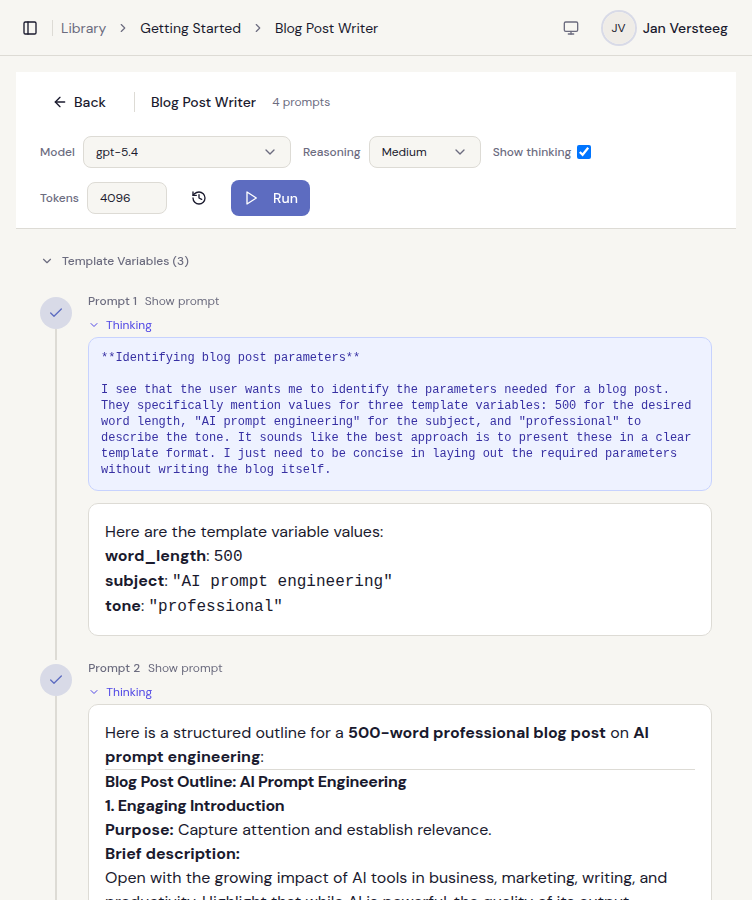 Clarive playground with model selection, reasoning output, and multi-prompt chain visualization