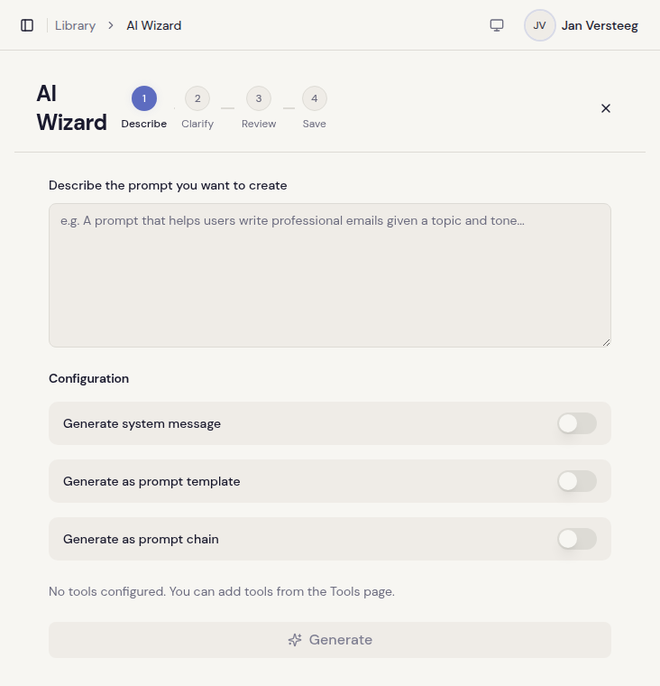 Clarive AI wizard with 4-step guided flow and configuration options